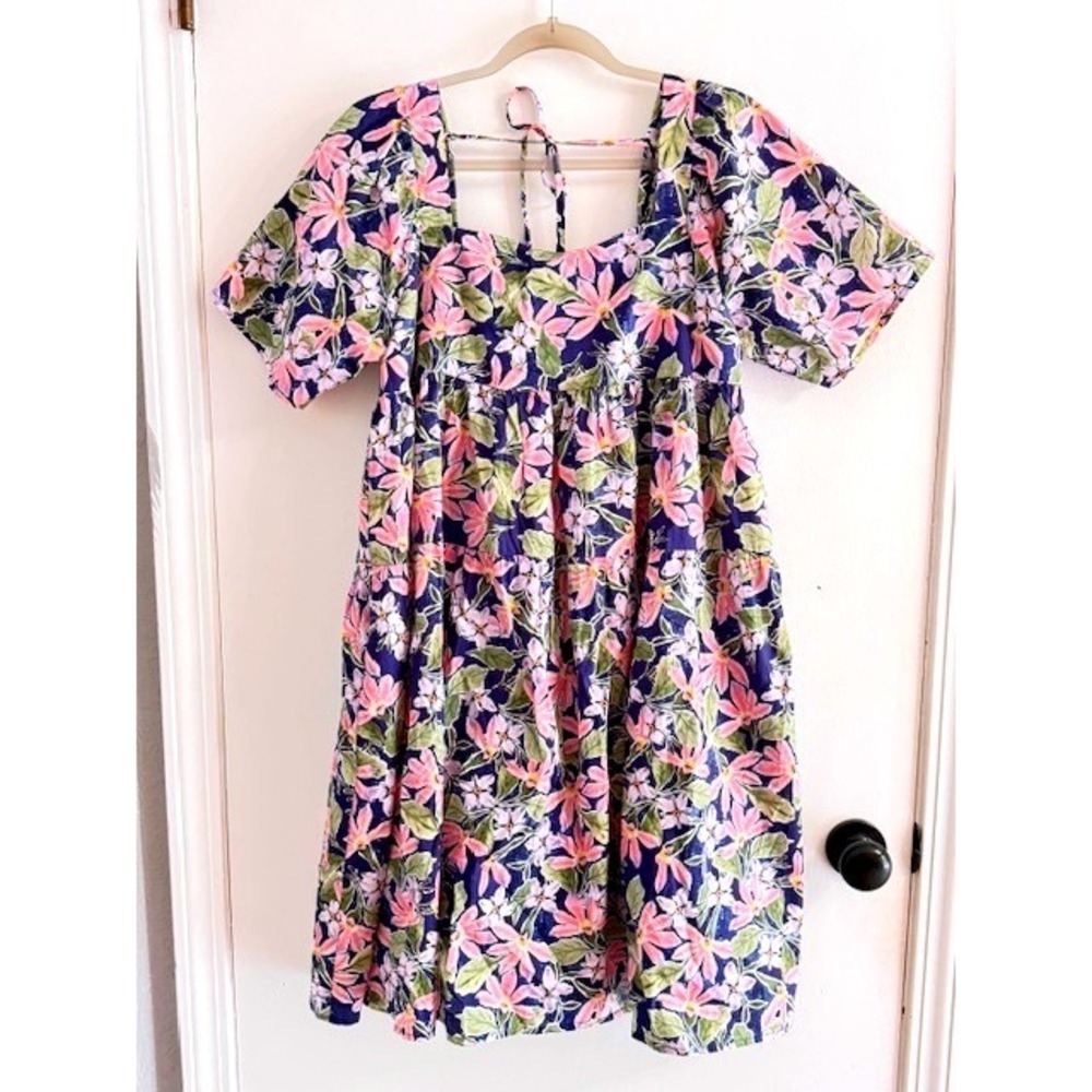 Like Love Floral Babydoll Dress Purple Pink Cotton Square Neck Tie Back Small
